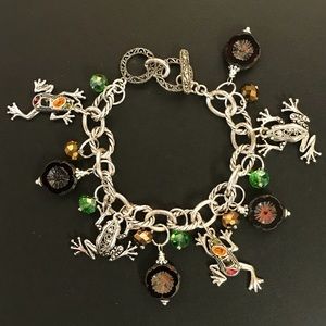 Silver Toned Frog and Flower Charm Bracelet